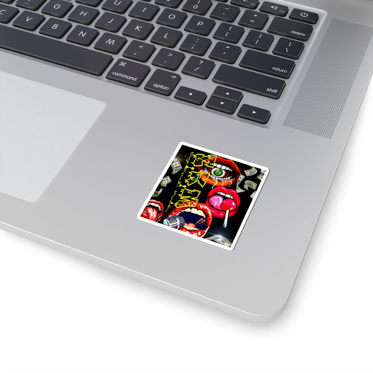 Retro Pop-Art Lips Sticker — Kiss-Cut Graphic Sticker with Microphone, Candy & Money