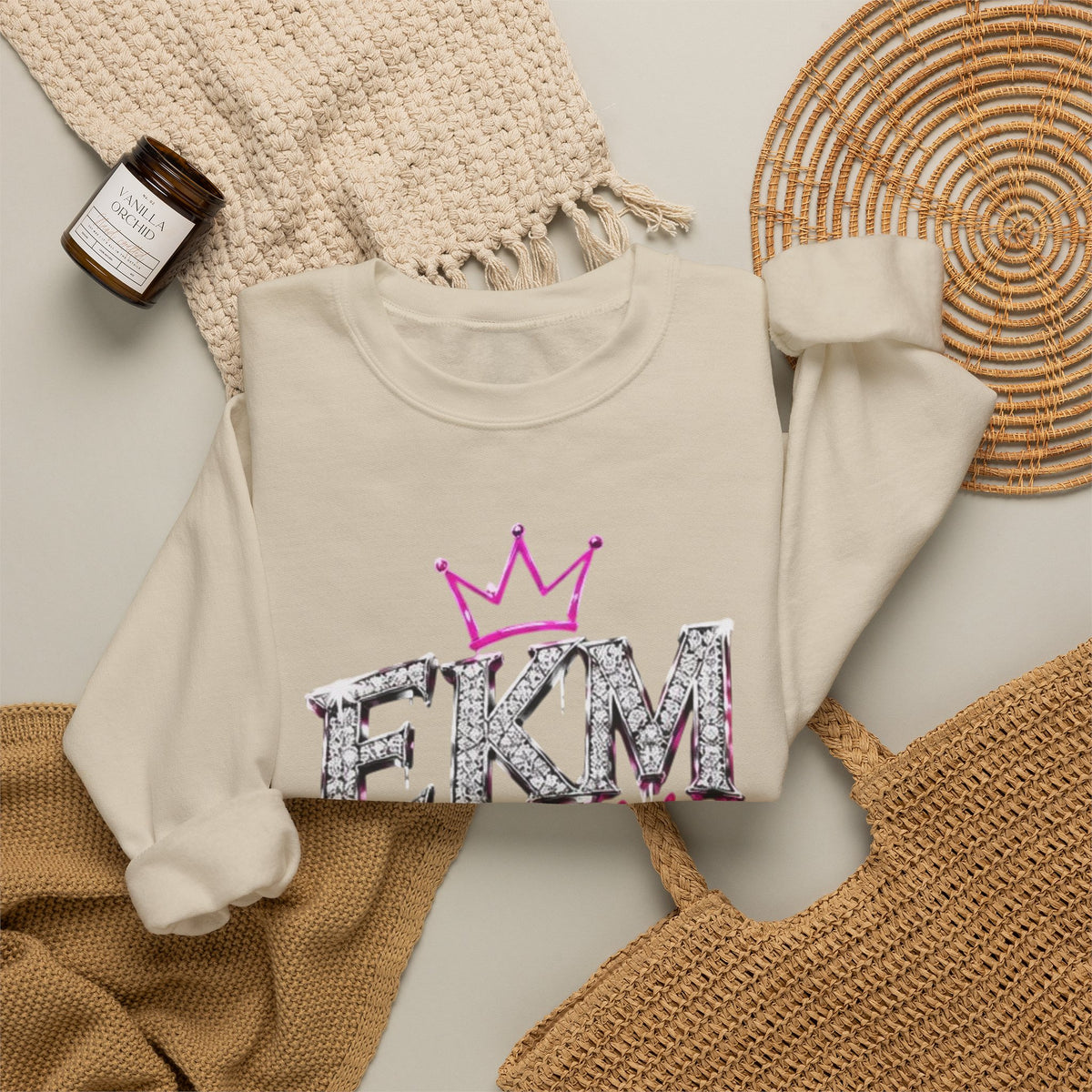 EKM World Crown Crewneck Sweatshirt — Pink Glitter Graphic