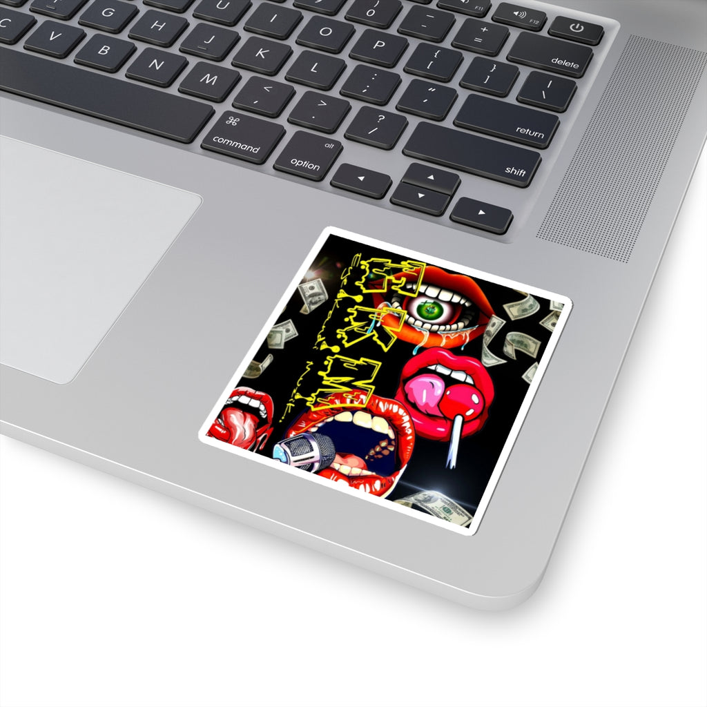 Retro Pop-Art Lips Sticker — Kiss-Cut Graphic Sticker with Microphone, Candy & Money