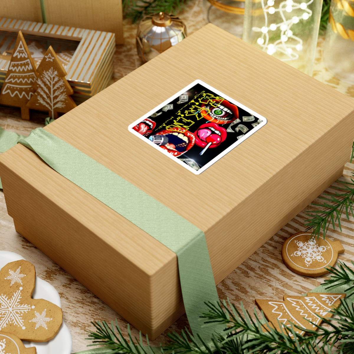 Retro Pop-Art Lips Sticker — Kiss-Cut Graphic Sticker with Microphone, Candy & Money