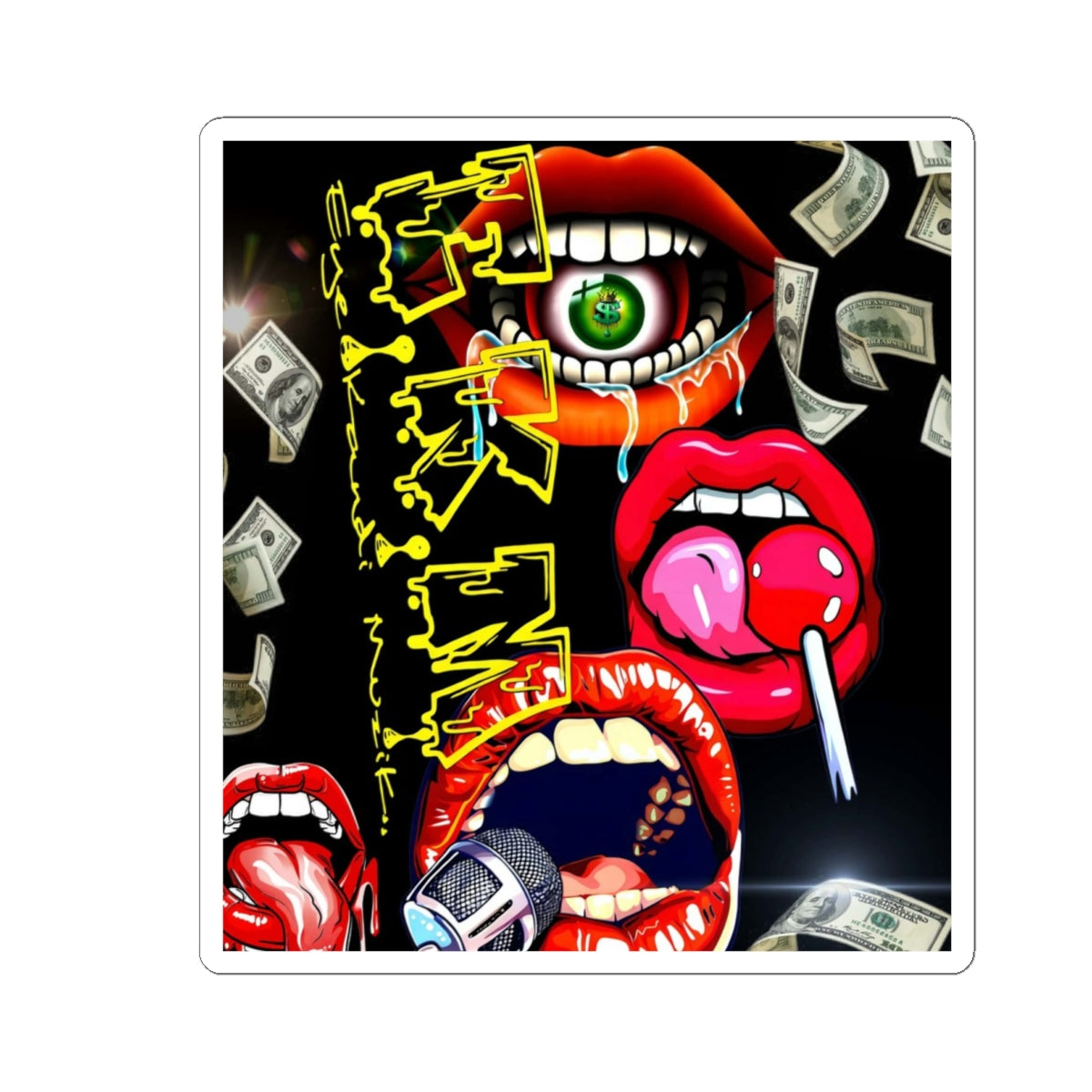 Retro Pop-Art Lips Sticker — Kiss-Cut Graphic Sticker with Microphone, Candy & Money