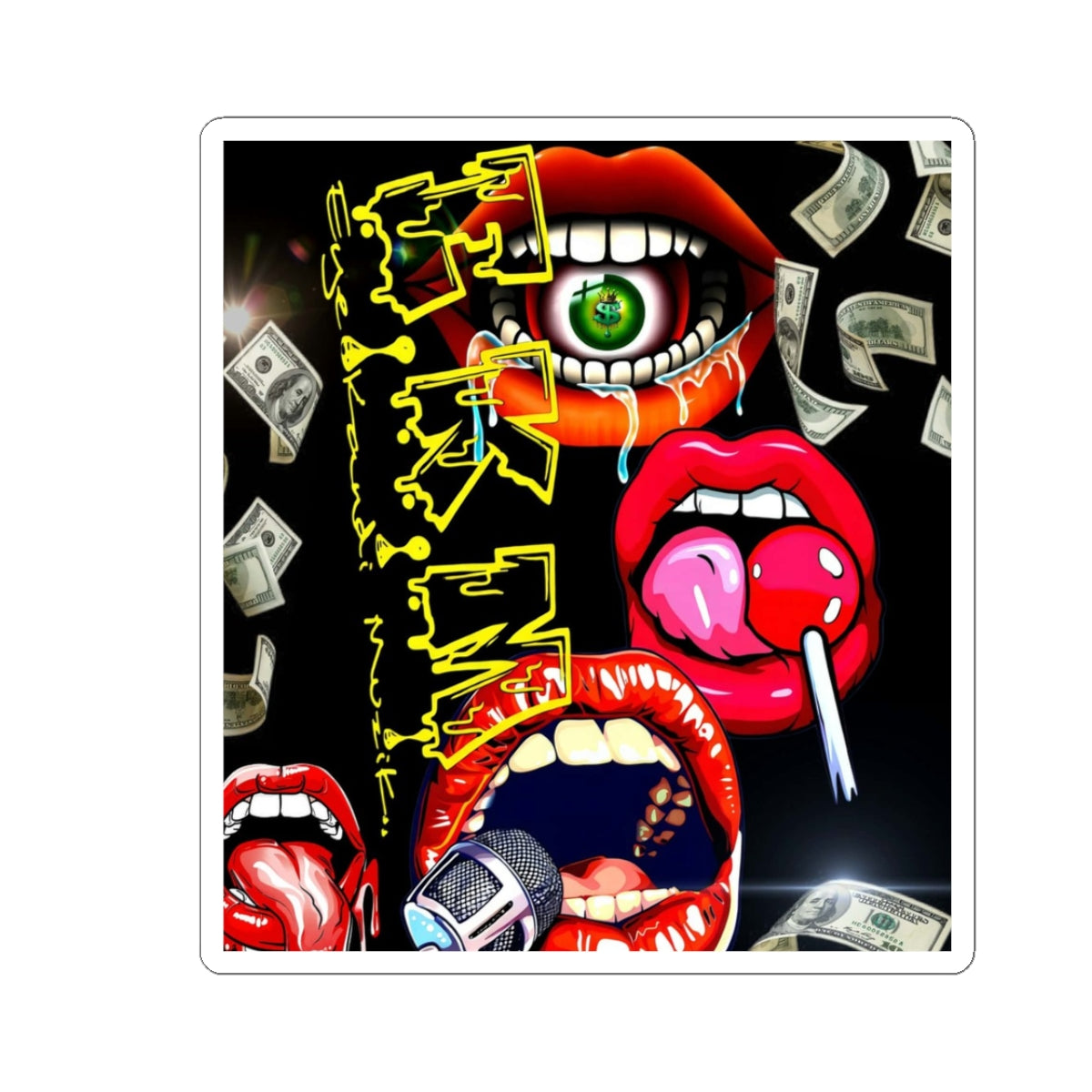 Retro Pop-Art Lips Sticker — Kiss-Cut Graphic Sticker with Microphone, Candy & Money