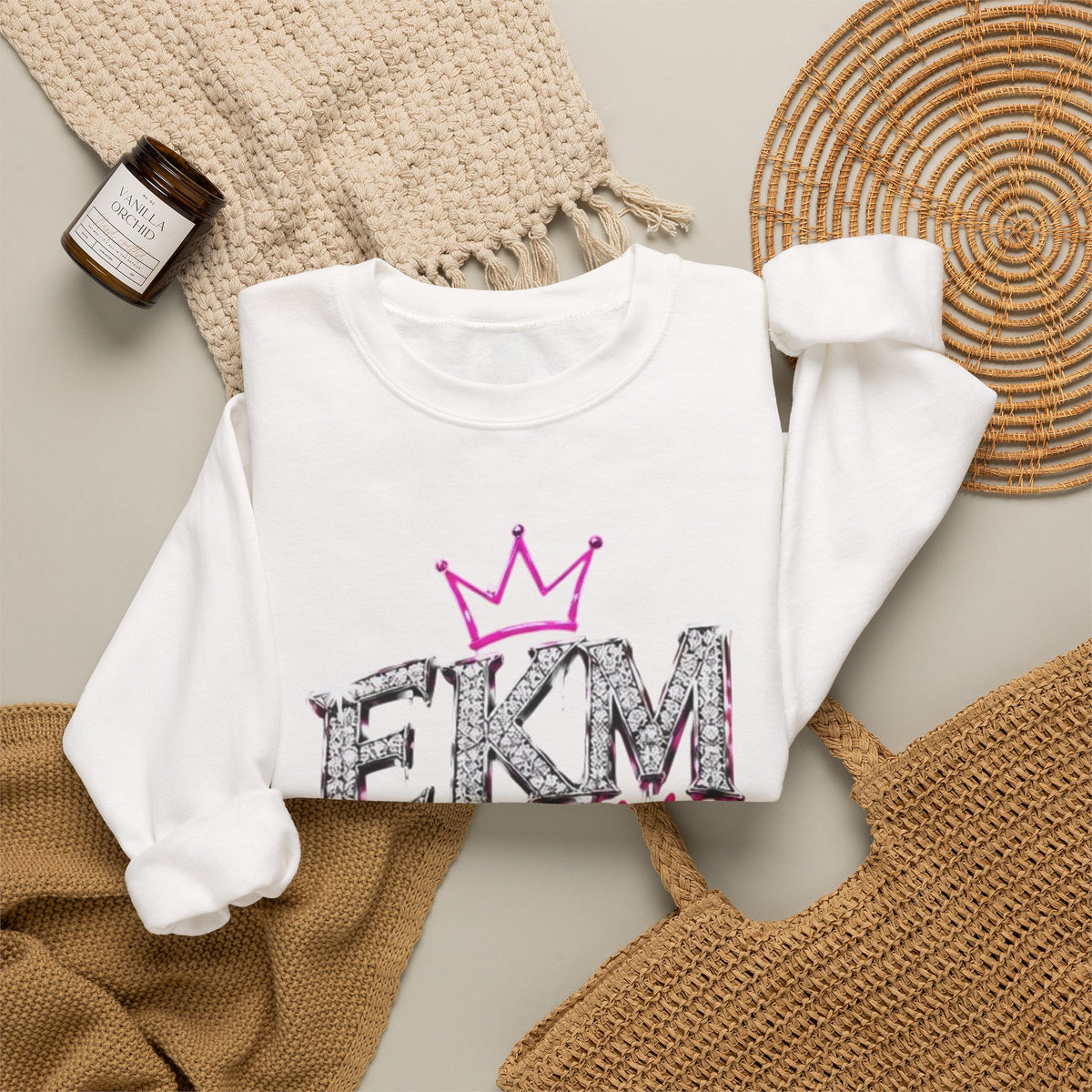 EKM World Crown Crewneck Sweatshirt — Pink Glitter Graphic