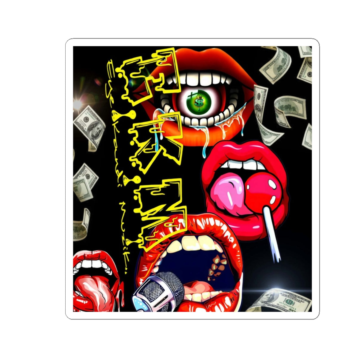 Retro Pop-Art Lips Sticker — Kiss-Cut Graphic Sticker with Microphone, Candy & Money