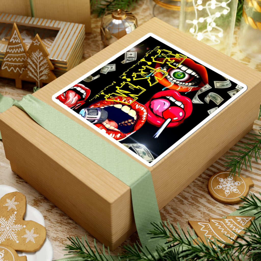 Retro Pop-Art Lips Sticker — Kiss-Cut Graphic Sticker with Microphone, Candy & Money
