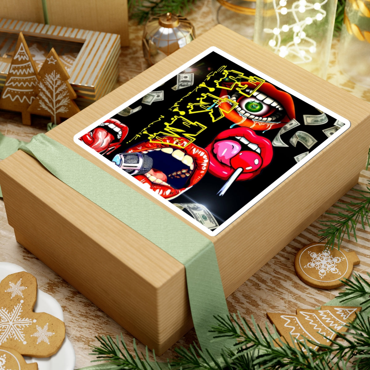 Retro Pop-Art Lips Sticker — Kiss-Cut Graphic Sticker with Microphone, Candy & Money