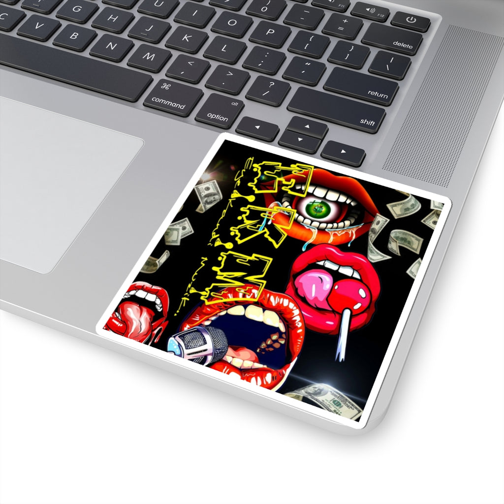 Retro Pop-Art Lips Sticker — Kiss-Cut Graphic Sticker with Microphone, Candy & Money