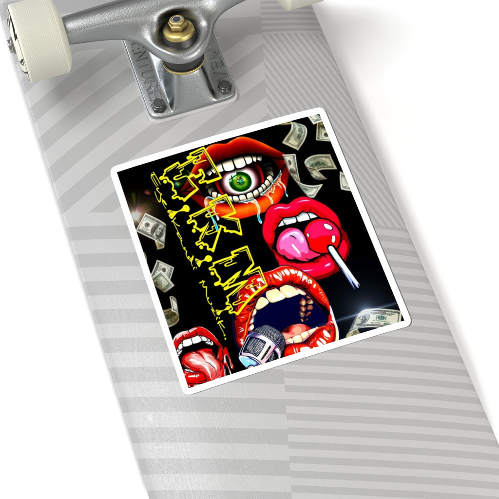 Retro Pop-Art Lips Sticker — Kiss-Cut Graphic Sticker with Microphone, Candy & Money