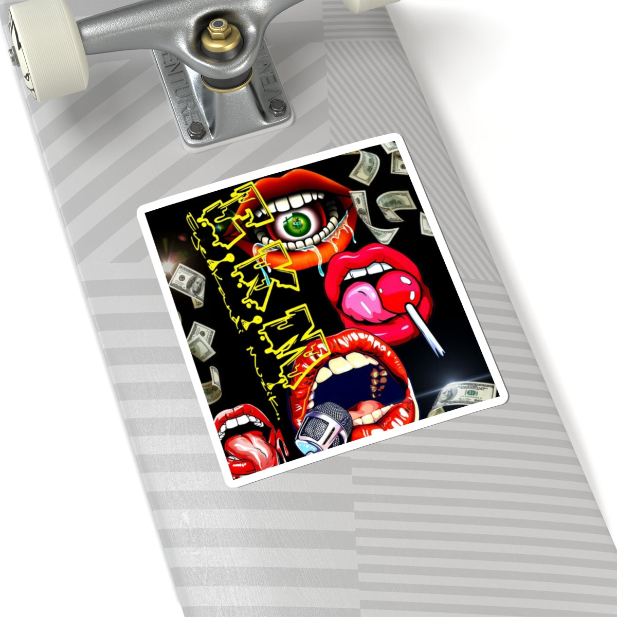 Retro Pop-Art Lips Sticker — Kiss-Cut Graphic Sticker with Microphone, Candy & Money